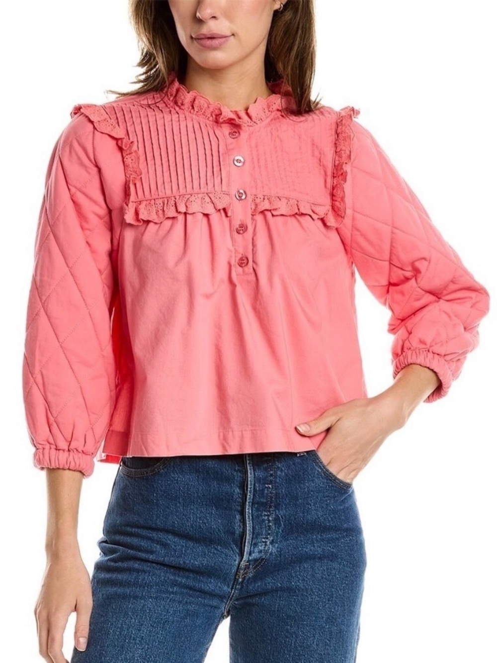 Hunter Bell NYC Bea Quilted-Sleeve Ruffle-Trim Top, Size XS